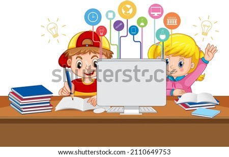 School kids study in front of computer illustration