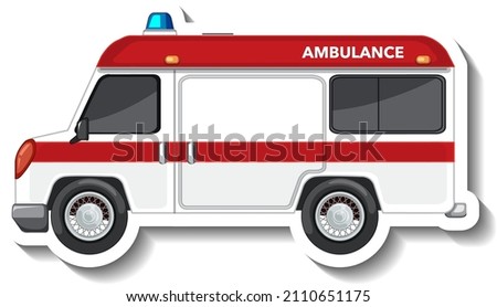 Sticker design with side view of ambulance car isolated illustration