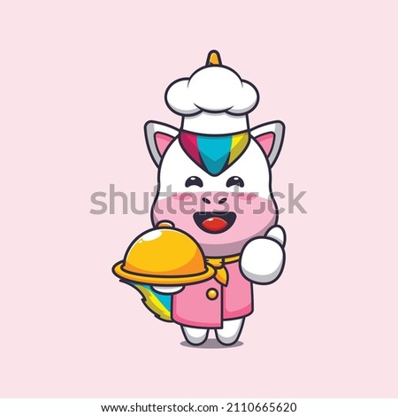 cute unicorn chef mascot cartoon character with dish