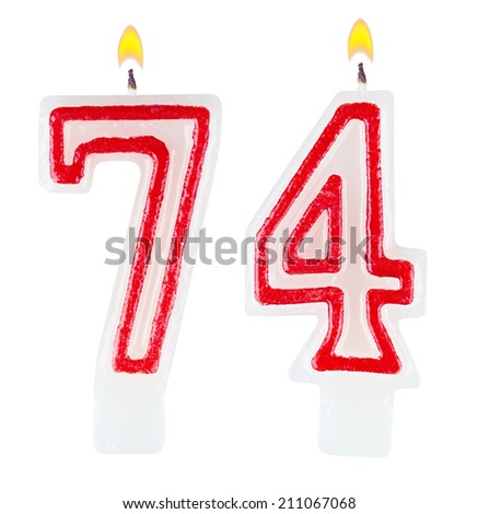 Birthday candles number seventy four isolated on white background