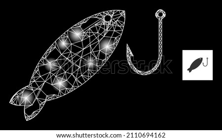 Constellation mesh net fishing icon with bright light spots. Illuminated constellation is generated from fishing vector icon and crossing lines. Illuminated carcass fishing, on a black background.