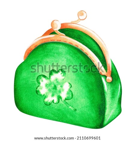 Green wallet with clover. St. Patrick's Day. Watercolor illustration. Isolated on a white background