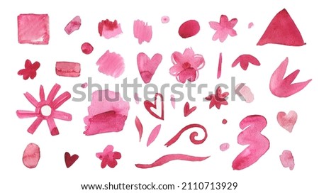 Set of Watercolor pink, abstract texture illustrations for Valentine's Day on a white isolated background.Collection of simple blots,hearts,flowers hand painted.Designs for cards,posters,stickers,web.