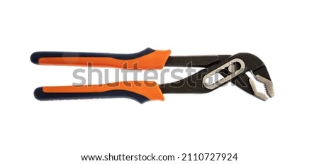 Water pump pliers, work tool. Rubber handle new slip joint pliers isolated cut out on white background, design element. Royalty-Free Stock Photo #2110727924