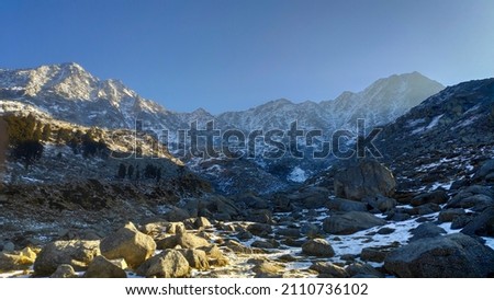 Fresh Snow at Laka, Indrahar Pass Trail, Triund, Dauladhar Range, Himachal Pradesh, India Royalty-Free Stock Photo #2110736102