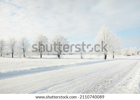 Country road through the snow-covered fields, rural area. View from car. Snow drifts. Europe. Nature, christmas vacations, remote places, winter tires, dangerous driving concept Royalty-Free Stock Photo #2110740089