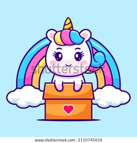 Cute Unicorn In Box With Rainbow Cartoon Vector Icon Illustration. Animal Nature Icon Concept Isolated Premium Vector. Flat Cartoon Style