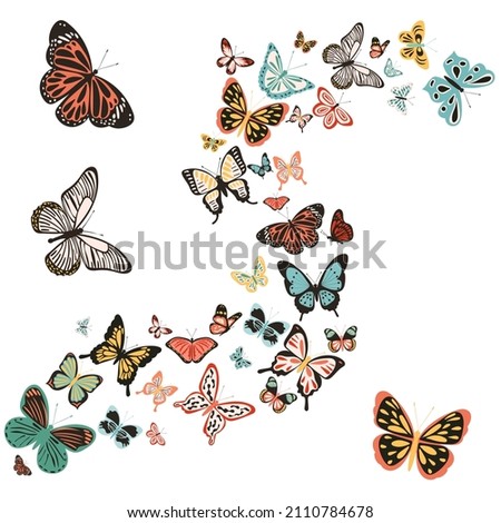a lot of flying butterflies on a white background, isolated, vector