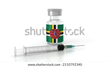 Vaccine Bottles and Syringe isolated on White Background. Healthcare and medical concepts. Coronavirus Vaccine with the flag of Dominica. Covid vaccination campaign concept in Dominica.