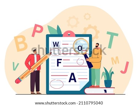Tiny college persons correcting mistakes in text or manuscript. People checking grammar, punctuation and spelling errors flat vector illustration. Education, editing concept for banner, website design Royalty-Free Stock Photo #2110795040