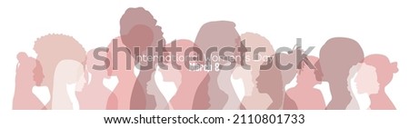 International Womens Day banner. Women of different ethnicities stand side by side together. Royalty-Free Stock Photo #2110801733
