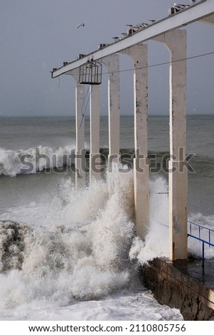 Storm in the sea. A large splashing wave hits the breakwater. Seagulls fly in the dark sky.