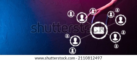 Email and user icon,sign,symbol marketing or newsletter concept, diagram.Sending email.Bulk mail.Email and sms marketing concept. Scheme of direct sales in business. List of clients for mailing.Neon.