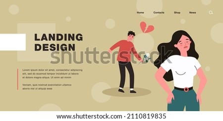 Girlfriend walking away from sad boyfriend holding flowers. Woman rejecting or breaking up with man flat vector illustration. Relationship, rejection concept for banner, website design or landing page Royalty-Free Stock Photo #2110819835