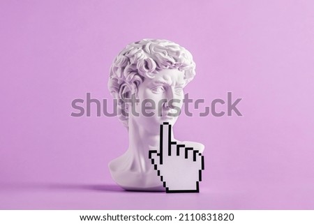 Historical antique statue of david's head and mouse cursor with finger. Concept of modern art and vaporwave and cyberpunk Royalty-Free Stock Photo #2110831820