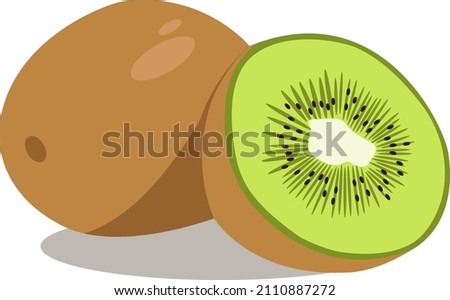 Ripe whole kiwi fruit and half kiwi fruit isolated on white background. Chinese gooseberry half cross section flat color vector icon for food apps and websites Royalty-Free Stock Photo #2110887272