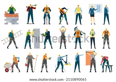 Collection of building construction worker mason and repairman. Vector of construction building workers set illustration