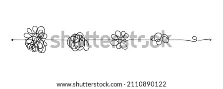 Simplifying complex problem concept, untangling chaotic arrow line. Simplification process, finding solution, tangled path with knots vector. Messy thoughts management and ideas clarity Royalty-Free Stock Photo #2110890122