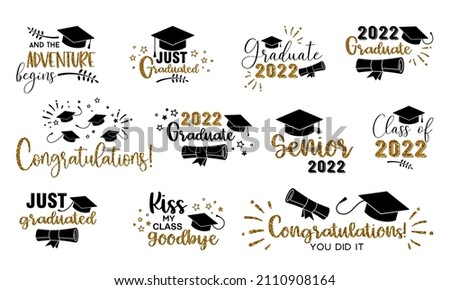 Cap icon and inscription for graduation party, invitation card, banner. University, school, academy vector symbol with gold and black hat Royalty-Free Stock Photo #2110908164