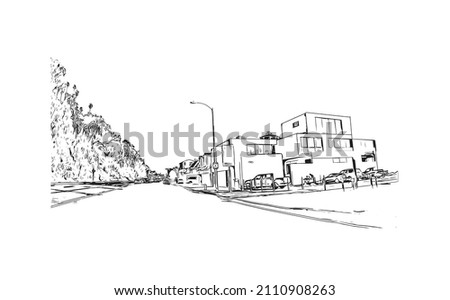 Building view with landmark of Malibu is the 
city in California. Hand drawn sketch illustration in vector.