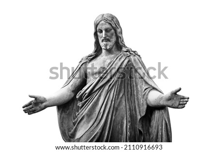 Jesus Christ the son of God statue isolated, front view black and white picture