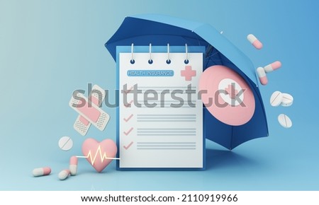 health insurance form surrounded by shields Heart shapes and heart rates and umbrellas and pills. first aid box and vaccine bottle on pastel blue and pink background realistic 3d rendering BeH3althy