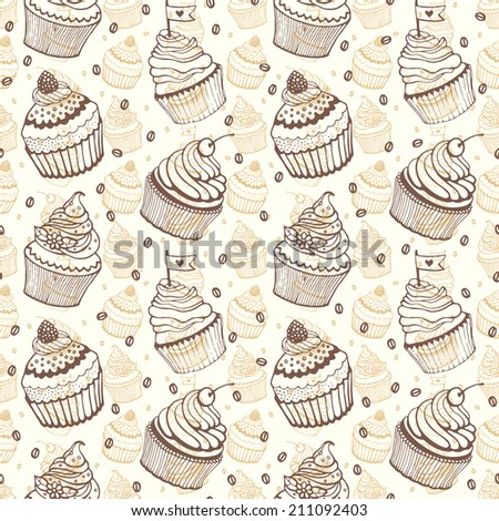 Cupcake baking seamless hand drawn pattern on the beige background