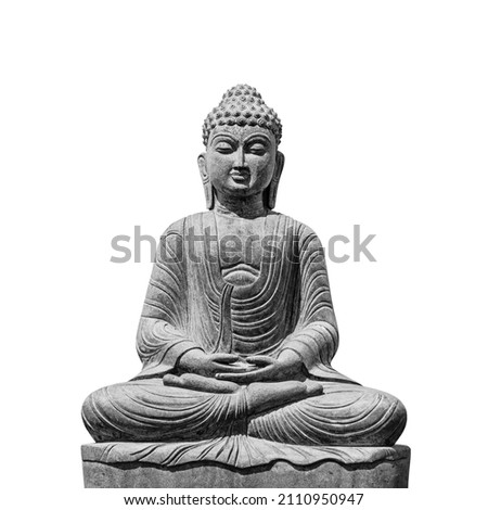 Stone statue of Buddha isolated on white background, front view black and white picture