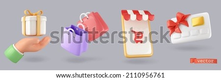 Shop, 3d render vector icon set. Gift, bag, smartphone, plastic card objects Royalty-Free Stock Photo #2110956761