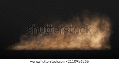 Dust sand cloud with stones and flying dusty particles isolated on transparent background. Brown dusty cloud or dry sand flying. Realistic vector illustration. Royalty-Free Stock Photo #2110956866