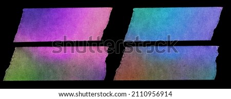 Crumpled pieces of neon cloth gaffer tape isolated on black background. Rainbow sticker set with teared edges. Royalty-Free Stock Photo #2110956914