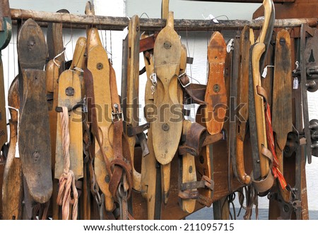 antique Dutch ice skates at a market in Delft, Holland