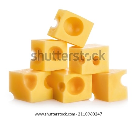 Pyramid of delicious cheese cubes, isolated on white background Royalty-Free Stock Photo #2110960247