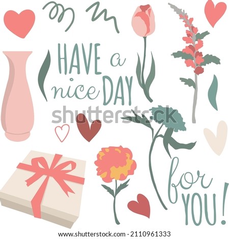 Cute set of vector elements for Valentine's Day or any other holiday. Lettering, flowers, hearts and gift boxes on a white background. Perfect for banners, cards, invitations, packaging.