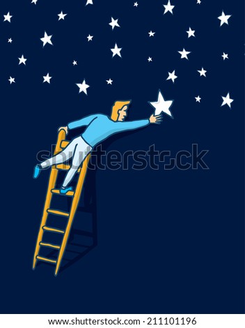 Cartoon illustration of man climbing a ladder to grab the star or arrange night sky
