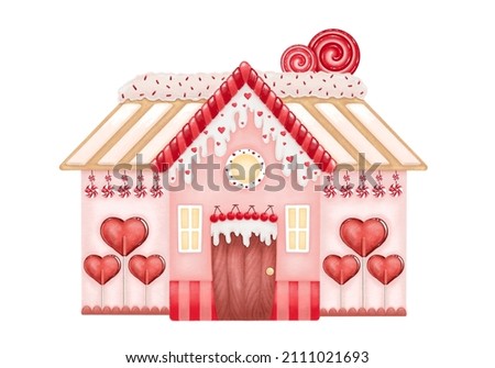Valentine’s Day gingerbread house with candy, lollipops, heart decoration for background or greeting card Royalty-Free Stock Photo #2111021693