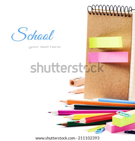 School stationery isolated over white with copyspace Royalty-Free Stock Photo #211102393