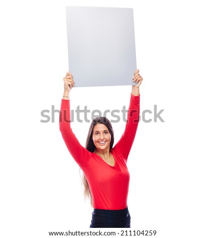 Young woman in red showing empty Blank sign copyspace Isolated on White