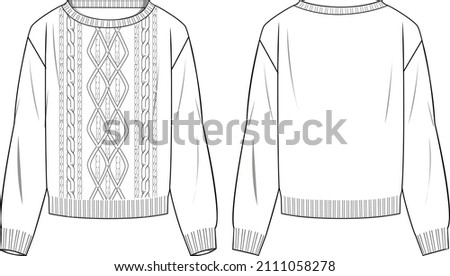 Women's Pearl Detail, Cable Front Detail Sweater- Sweater technical fashion illustration. Flat apparel sweater template front and back, white colour. Women's CAD mock-up. Royalty-Free Stock Photo #2111058278