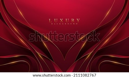 Gold curved lines on red luxury background with glitter light effects decorations. Royalty-Free Stock Photo #2111082767