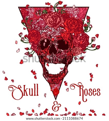 Skull and Roses. Hand drawn vector illustration of rose textured screaming skull with red roses and falling petals inside a triangle in modern style tattoo.