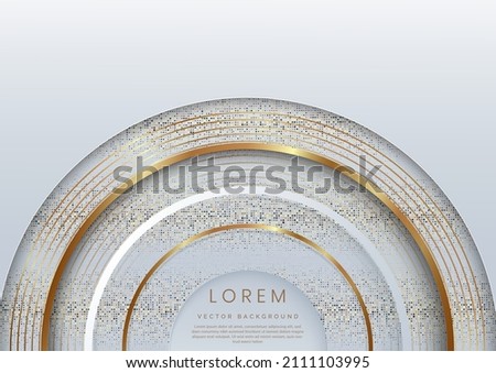 Abstract 3D white and grey half circle pattern with golden lines rounded decor gold glittering light sparkle background with copy space for text. Luxury concept design. Vector illustration