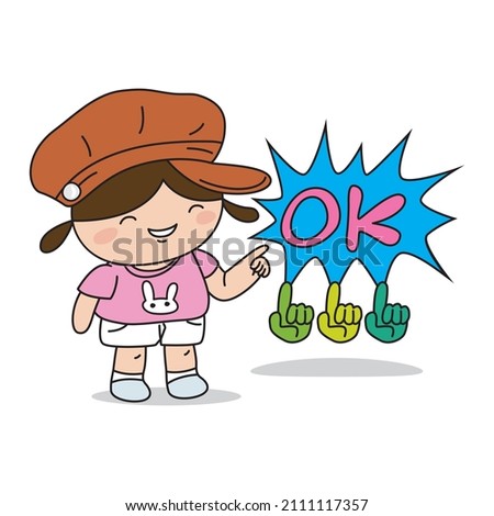 Cartoon little cute girl in pink dress with expression word Ok, illustrator vector cartoon drawing
