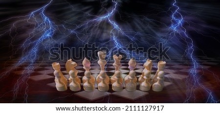 Chess pieces of white suit in a row  on an endless board with lightning bolts over the chessboard. Game strategy, concept. 