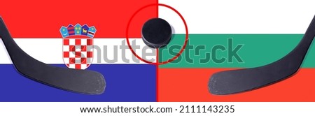Top view hockey puck with Croatia vs. Bulgaria command with the sticks on the flag. Concept hockey competitions