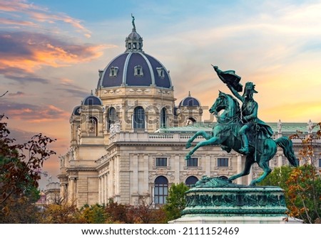 Statue of Archduke Charles and Museum of Natural History dome, Vienna, Austria Royalty-Free Stock Photo #2111152469