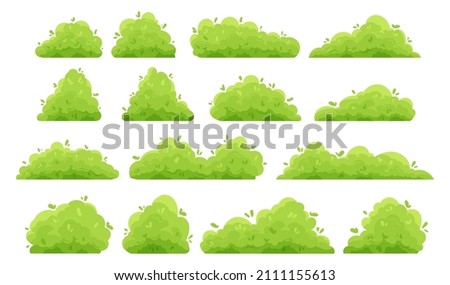 Cartoon bushes. Green garden decorative hedge and forest shrubs with leaves. Vector isolated set Royalty-Free Stock Photo #2111155613
