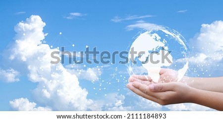 Woman holding icon of Earth. Concept day earth Save the world save environment. Ecology concept.