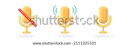 3d rendering microphone icon. Yellow voice vector icon. Sound, record, podcast symbol. Turn on, turn off microphone radio mic sign.