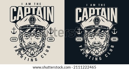 VIntage monochrome marine label with seaman in sailor captain hat smoking pipe isolated vector illustration Royalty-Free Stock Photo #2111222465
